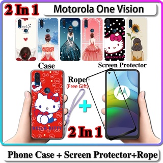 2 IN 1 เคส Motorola One Vision พร้อมกระจกนิรภัยกันรอยหน้าจอโค้งเซรามิค สําหรับเด็กผู้หญิงและคิตตี้