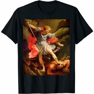 เสื้อยืดคอกลมเสื้อยืด พิมพ์ลาย Angels Archangel Michael defeating Satan Christian Warrior OEOC สําหรับผู้ชายS-5XL