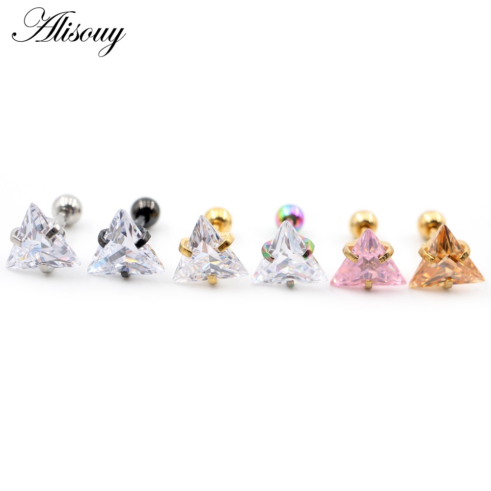 Alisouy 2PC ต่างหูเหล็กผ่าตัดสามเหลี่ยม Zirconia หู Studs สแตนเลสขนาดเล็กต่างหูกระดูกอ่อนสําหรับผู้หญิงสาวสตั๊ดต่างหู