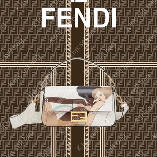 FENDI/ Baguette กระเป๋าถือ FF ประดับกระเป๋าผ้าเคลือบสีขาว