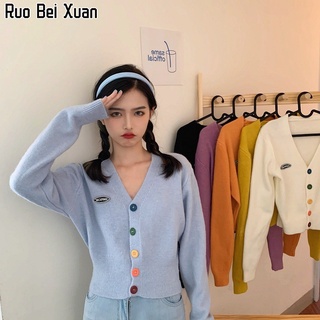 RUO BEI XUAN เสื้อแจ็คเก็ตสตรีผ้าถักสไตล์เกาหลีสีหวานปุ่มคอวีแขนยาวถักคาร์ดิแกนผู้หญิง Jacket