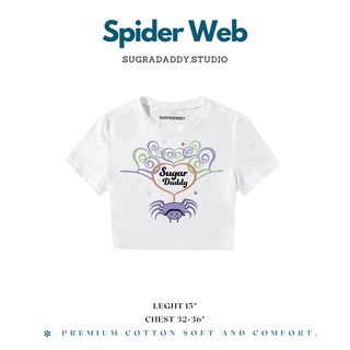 เสื้อยืด CROP TOP - เสื้อครอปสี White สกรีนลาย Spider Web