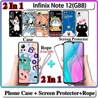 2 IN 1 เคส Infinix Note 12(G88) พร้อมกระจกนิรภัยกันรอยหน้าจอ เซรามิค ทรงโค้ง ลายแมว และโดราเอมอน