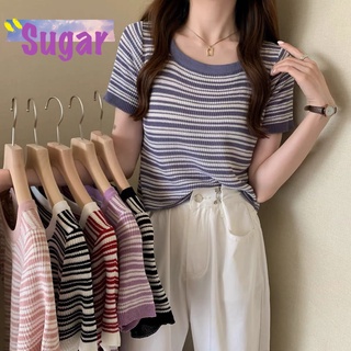 Sugar 🌈พร้อมส่ง🌈เสื้อยืด แขนสั้น คอกลม ไหมพรม ลายทางยืดเยอะมาก(7617)