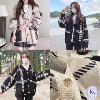 🎏Korea NEW เสื้อคาร์ดิแกนไหมพรมกันหนาว ลายเส้นสก็อตใหญ่ 2 สี คอวีกระดุมหน้า