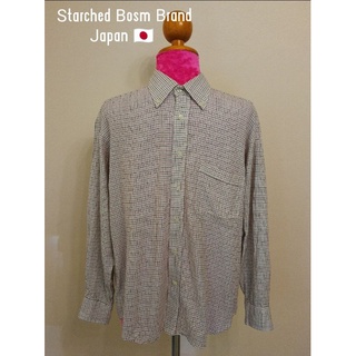 Starched Bosm Brand_2nd hand เสื้อเชิ้ตแขนยาวผ้าฝ้าย​ 100%/ Size M/ made in Japan  🇯🇵 / แท้มือสองกระสอบนำเข้า​