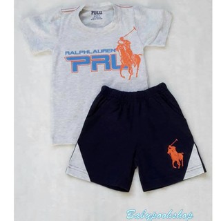 POLO : เซ็ท เสื้อสีเทา + กางเกงขาสั้นสีน้ำเงินเข้ม ปักม้าโปโล size : 7y