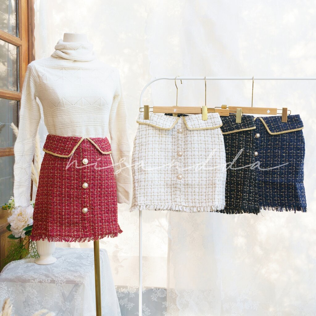 10-11 พร้อมส่ง S-XL กระโปรงสั้น ผ้าทวิต ทรงเอ ใส่ทำงาน สไตล์เกาหลี