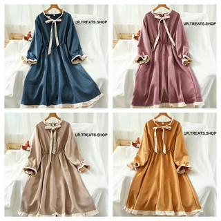 /UT Long Sleeve Dress 02/ เดรสทำงาน เดรสลำลอง ชุดกระโปรงแขนยาว เดรสแขนยาวคอระบายผูกโบว์ ชุดฤดูหนาว lolita โลลิ พร้อมส่ง