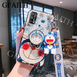 เคส Realme 7 5G 2020 New Phone Case Blu-ray Doraemon Cartoon Doll Bracket With Fashion Letter Strap Cover เคสโทรศัพท์ Realme7 5G Casing