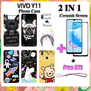 2 IN 1 VIVO Y11 เคสโทรศัพท์ พร้อมกระจกนิรภัย เซรามิค ป้องกันหน้าจอ โค้ง ฟิล์มนิรภัย การ์ตูน