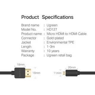 UGREEN รุ่น HD127 สาย Micro HDMI to HDMI รองรับ 4K 60Hz/FHD/3D หัวต่อชุบทอง สายยาว 1-3m