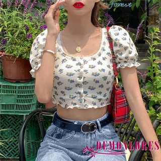 DEMQ-Ladies Fashion Cocktail Floral Print Lace Round Neck Lotus Leaf Short Sleeve Slim Fit Korean Style Crop Top