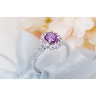 แหวนล้อมพลอยโรโดไลท์ Rhodolite ล้อม Pink Sapphire สีชมพูสวยหวาน ก้านแหวนประดับเพชร CZ ตัวเรือนเงินแท้ 925