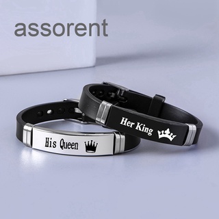 Assorent 2 ชิ้น / เซต สเตนเลส มงกุฎ Her King His Queen อินเทรนด์ กีฬา ซิลิโคน สร้อยข้อมือคู่ กําไลข้อมือ คนรัก สร้อยข้อมือ ของขวัญ เสน่ห์ สร้อยข้อมือ