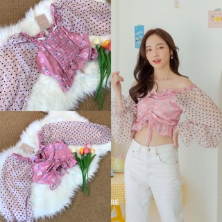 💫New💫(พร้อมส่ง)🏷Valen Valentineเสื้อปาดไหล่ พิมพ์ลายหัวใจ