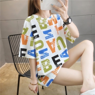 mimi&amp;didi 9682 เสื้อยืดผู้หญิงสไตล์ฮ่องกงแฟชั่นใหม่ รุ่นหลวมแขนสั้น เสื้อผ้าซุปเปอร์เอท็อปหญิงเทรนด์