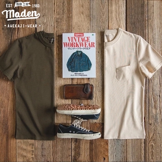 Maden Toolingเสื้อยืดคอกลมแขนสั้นสำหรับผู้ชาย,เสื้อยืดสีพื้นสไตล์เรโทรญี่ปุ่นเสื้อสีแอปริคอทผ้าฝ้ายสำหรับใส่ไปวิทยาลัยวัยรุ่น