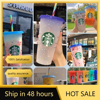 [พร้อมส่ง] ถ้วยพลาสติกเปลี่ยนสีตามอุณหภูมิมีฝาปิด Starbucks