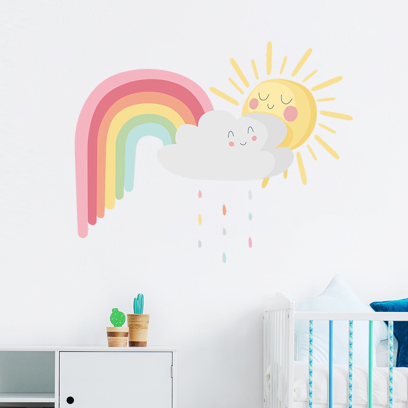 เมฆสีรุ้งใหม่ฝนดวงอาทิตย์ห้องนอนตู้บ้านตกแต่งผนังสติกเกอร์ติดผนังที่ถอดออกได้มีกาวในตัว