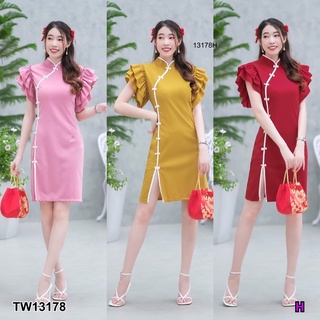 TwinsShopVip💗พร้อมส่ง TW13178 เดรสกี่เพ้าไหลระบาย 2 ข้าง