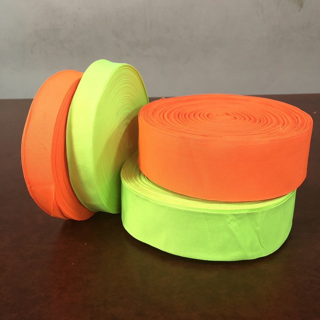 แถบริบบิ้น ผ้าสะท้อนแสง สีเขียว ส้ม หน้ากว้าง 3 4 5 cm ยกม้วน 50 เมตร