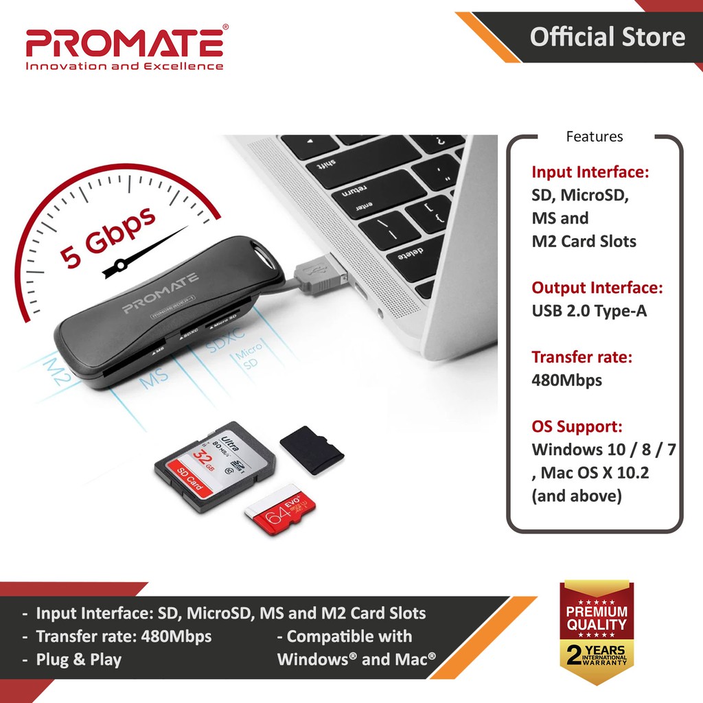 เครื่องอ่านการ์ดหน่วยความจําอเนกประสงค์แบบพกพา Promate 4-in-1 USB 2.0