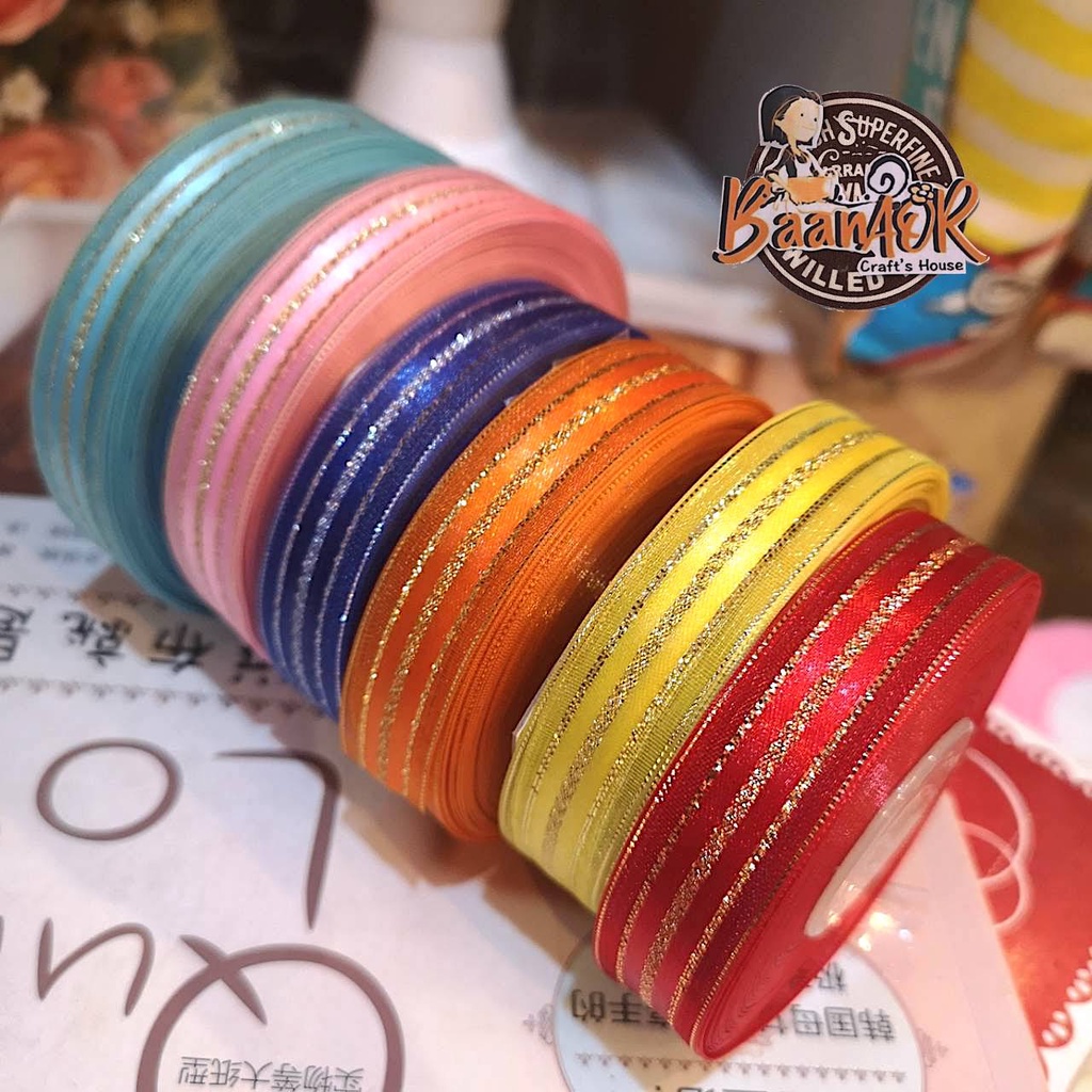 16mm ริบบิ้น ผ้าแก้ว ขอบทอง 4 ชั้น ขนาดเล็ก กว้าง 16 มิลลิเมตร  (แบ่งตัดจำนวน 1 เส้น) มีหลายสีให้เลือก Ribbon for DIY ราคา ถูกที่สุด ดีลบีเคเค แกลเลอรีภาพที่ 2
