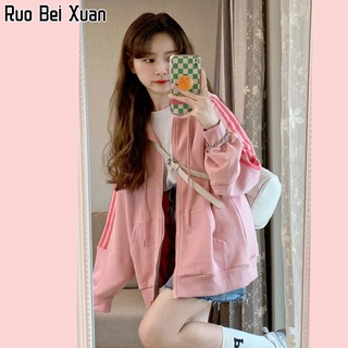 RUO BEI XUAN เสื้อกันหนาวผู้หญิงแจ็คเก็ตขนแกะหนาแฟชั่นสีชมพูนักเรียนซิปเสื้อคลุมด้วยผ้าแจ็คเก็ต