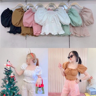 เสื้อครอปแขนตุ๊กตา  สม็อคหลัง เสื้อแฟชั่น เสื้อแขนตุ๊กตา ฟรีไซส์อก 32-36
