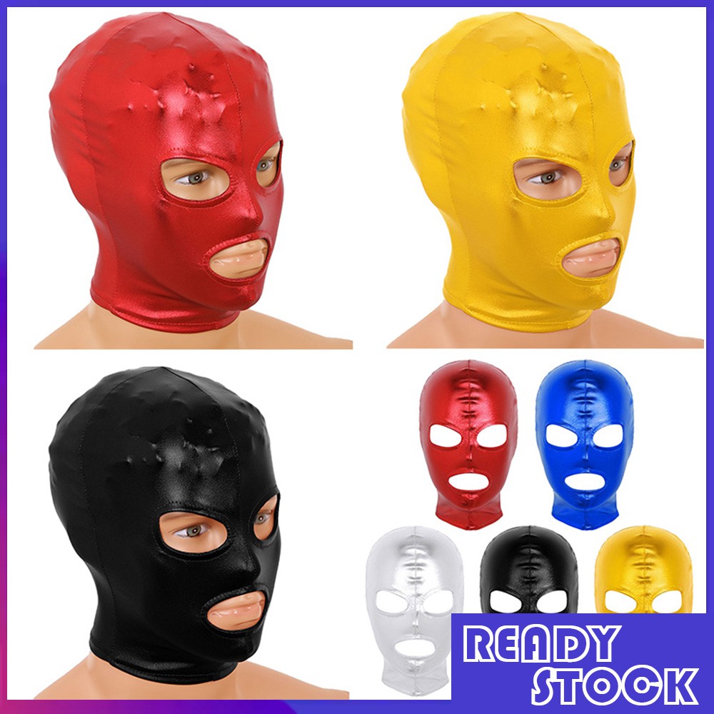 Unisex ผู้ชายและผู้หญิง Latex โลหะเงาเปิดตาและปากหมวก Full Face Mask Hood สําหรับบทบาทเล่นเครื่องแต่งกาย