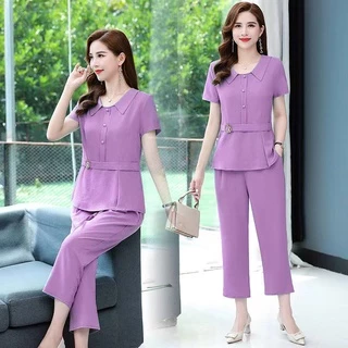 ชุดเซ็ทผู้หญิง 2ชิ้น สีพื้น เสื้อแขนสั้นคอปก+กางเกง9ส่วน เนื้อผ้านิ่ม หลวมใส่สบาย ชุดลำลอง ชุดทำงาน