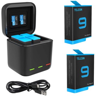 TELESIN 2 Batteries and Triple Charger Box USB Type-C Cable for GoPro Hero 9 Black