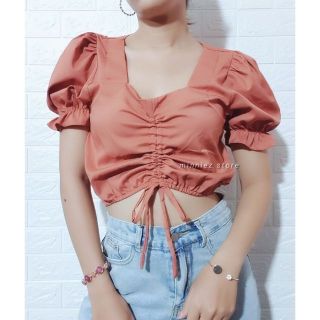 〰พร้อมส่ง 🍒Dolly Top เสื้อคอเหลี่ยมจั๊มเอวแขนตุ๊กตามีเชือกรูดหน้า