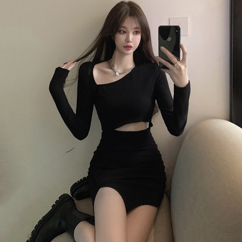 ชุดเดรสแขนยาว คอปก แบบเข้ารูป สีดํา แฟชั่นฤดูใบไม้ร่วง สําหรับผู้หญิง