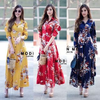 MaxiDress แม็กซี่เดรสเชิ้ตยาว แขนยาว ผ้าโฟร์เว พิมพ์ลายดอกไม้  ติดกระดุมหน้ายาวลงไปถึงชาย