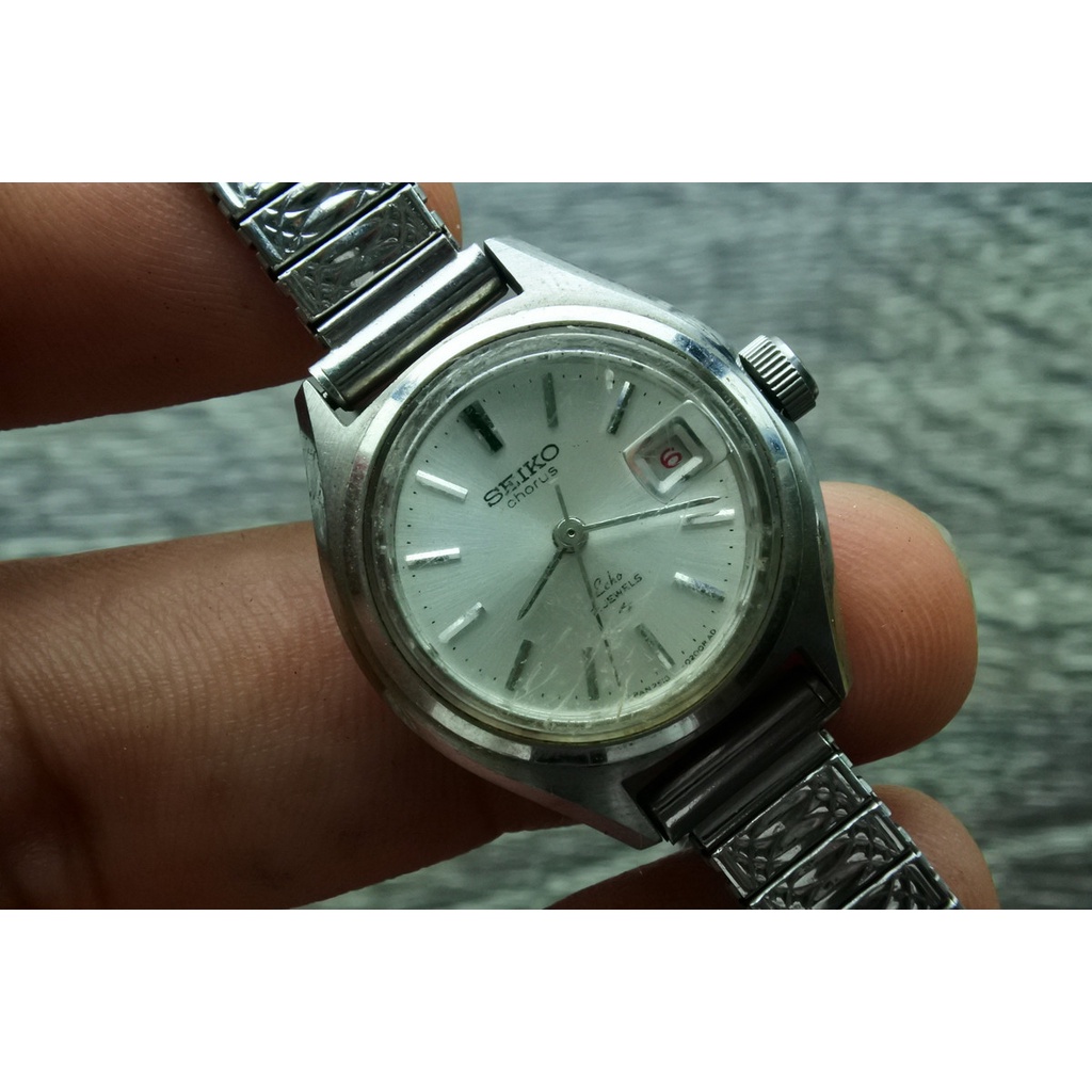 นาฬิกา Vintage มือสองญี่ปุ่น SEIKO CHORUS ECHO ระบบ ไขลาน ผู้หญิง ทรงกลม กรอบเงิน หน้าเงิน หน้าปัด 24mm
