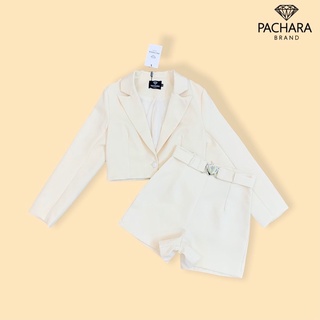 สูทสีครีม ชุดเซทสูท สูทขาสั้น ชุดไปงานสีครีม งานป้าย Pachara