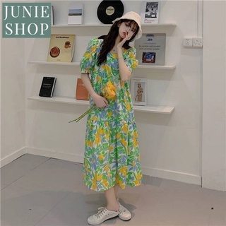 JUNIE SHOP เดรสเกาหลี เดรสคอเหลี่ยมผ้าพิมพ์ลายดอกไม้ เนื้อคอตตอนไม่หนาใส่สบาย แขนตุ๊กตามีกระเป๋า 2 ข้าง