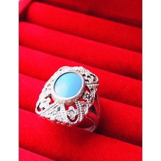 แหวนเงินแท้ 92.5% ฝังด้วยพลอยเทอร์คอยแท้ Turquoise Stering Silverring 925