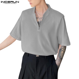 Incerun เสื้อยืดแขนสั้น มีซิป สีพื้น ทรงหลวม สไตล์เรียบง่าย สําหรับผู้ชาย