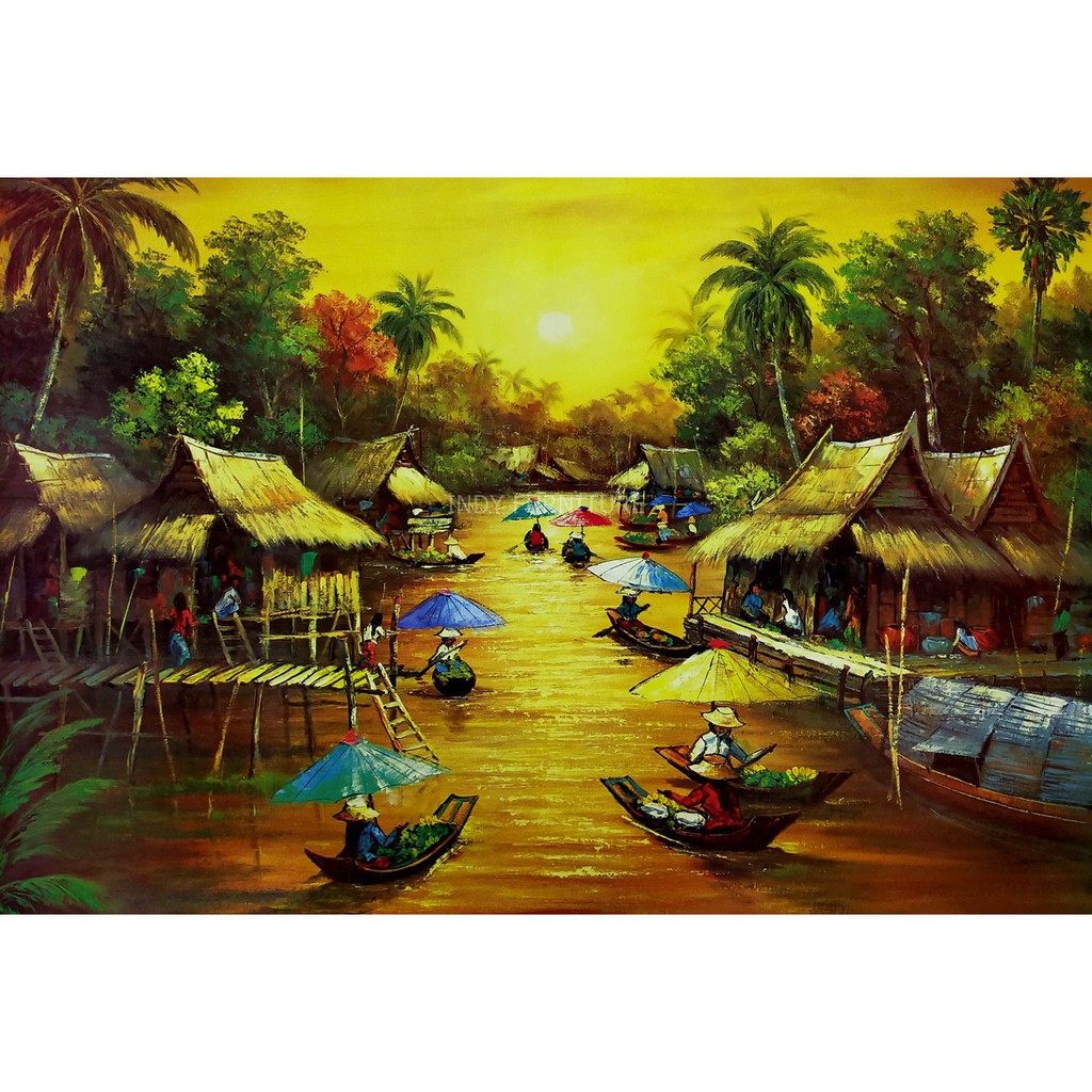 (546) รูปโปสเตอร์ขนาดใหญ่ ภาพวาดวิถีชาวบ้าน ตลาดน้ำ ขนาด 20x30นิ้ว ( 50x76 ซม.)