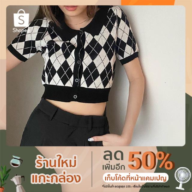 (CC-01) Checkered Crop Top | เสื้อครอปมีปกลายตาราง ผ้านุ่ม ใส่สบายไม่ร้อน ชิคสุดๆ