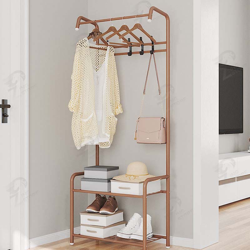 [ตะขอเเขวนเสริม] ราวตากผ้า ราวเเขวนผ้า 3in1 ชั้นวางของ2ชั้น ตะขอเเขวนกระเป๋าหมวก สไตล์มินิมอล โครงเหล็ก กันสนิม LL