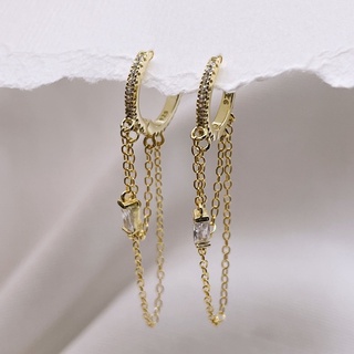 Slim Pavé Huggie Hoops With Chains, Baguette CZ Crystals, 18K Gold Plated Earrings | ต่างหูห่วง เงิน 925 ชุบทอง 18กะรัต