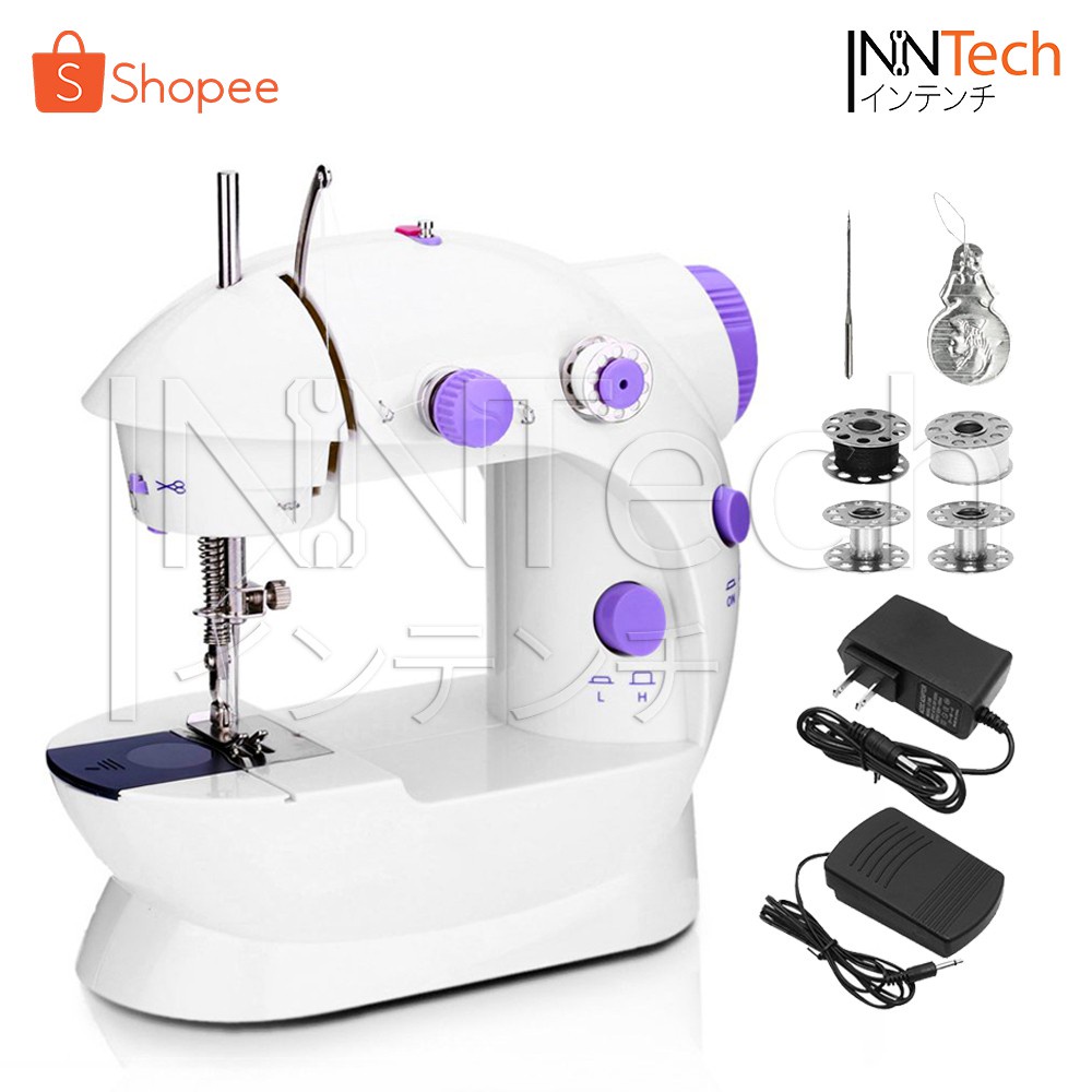 Mini Sewing Machine จักรเย็บผ้า จักรเย็บผ้าขนาดเล็ก ไฟฟ้า พร้อมไฟส่องสว่าง อุปกรณ์เครื่องเย็บผ้าครบ  (Purple-White)