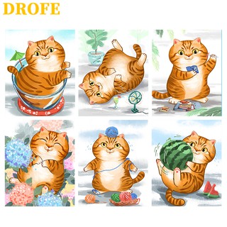 Drofe 【40X50 ซม.】~ ภาพวาดผ้าใบแฮนด์เมดรูปแมวไขมันสําหรับตกแต่งบ้าน