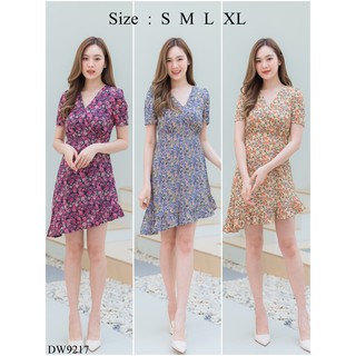 (เช็คของก่อนโอนเงิน) {S-XL} งานป้าย Dress World ชุดเดรสสั้นคอวี ชายระบาย ลายดอก ใส่ได้ทุกงานเลยจ้า 9217