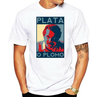 เสื้อยืดผ้าฝ้ายพิมพ์ลายแฟชั่น เสื้อยืด ผ้าฝ้าย พิมพ์ลายการ์ตูน Plata O Plomo Pablo Escobar สีเงิน และตะกั่ว สีดํา แฟชั่น