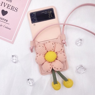 เคสกระเป๋าหนังถัก กันกระแทก ลายดอกทานตะวัน 3D พร้อมเชือกเส้นทแยงมุม สําหรับ Samsung Galaxy Z Flip 3 Flip 4